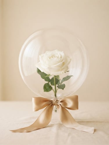Elegant close-up of a transparent flower balloon encasing a single delicate white rose, tied with a champagne gold silk ribbon, soft natural morning light, minimalist cream background, shallow depth of field, 35mm
