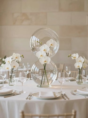 Elegant editorial portrait of a grand wedding table setting in a minimalist stone hall, towering glass-like transparent spheres encasing delicate white orchids, soft diffused natural light, warm cream and beige tones, 35mm.