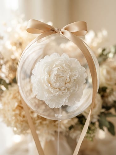 Macro shot of a transparent balloon encasing a single preserved white peony, tied with a silk champagne gold ribbon, soft natural light, shallow depth of field