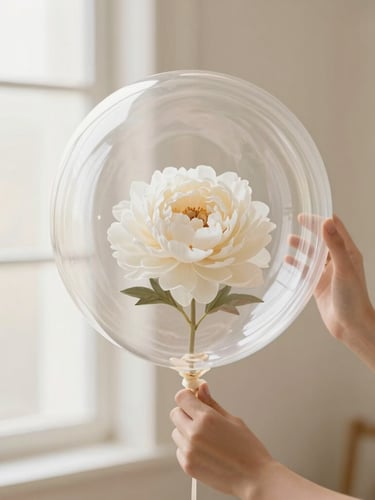 Hands carefully placing a single preserved white peony inside a crystal-clear transparent balloon, soft natural window light, warm cream tones, shallow depth of field, minimalist aesthetic