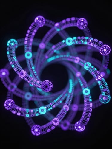 Abstract 3D generative cyber-structure of glowing violet and cyan spiral data nodes on a pitch-black background, wide macro lens framing, high technical precision, low-key dramatic lighting.