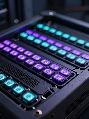 Wide cinematic macro shot of high-end server hardware with glowing violet and neon cyan LED indicators, dark cybernetic environment, selective focus