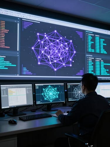 Wide cinematic shot of a dark modern security operations center, professional investigator in silhouette analyzing glowing purple and cyan network graphs on multiple screens.