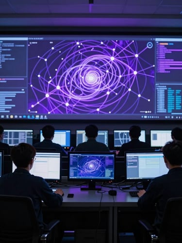 Cinematic wide shot of a dark security operations center, glowing violet and deep blue screens showing abstract network meshes and spiral data flows, professional operators in low-key backlighting.