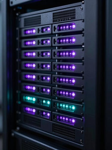 Cinematic macro shot of dark modern server racks, glowing neon purple and cyan LED indicator lights, shallow depth of field, cyber-noir atmosphere.