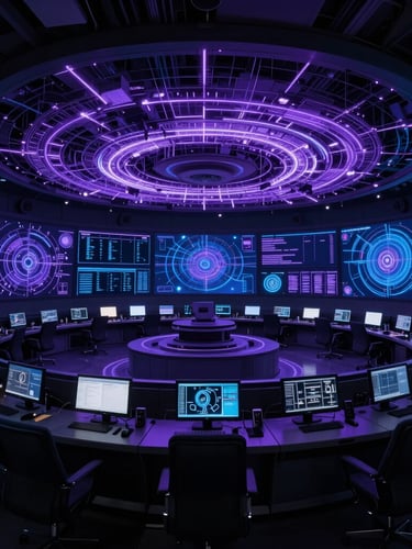 Wide panoramic cyber-noir command center, glowing violet and deep blue network spirals on screens, low-key dramatic lighting, technical precision