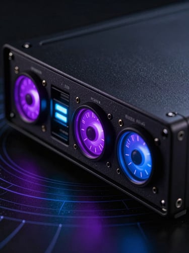 Primer plano macro de hardware de servidor de alta gama con indicadores LED violeta y azul brillante, rodeado de un sutil patrón de líneas de datos en espiral.
