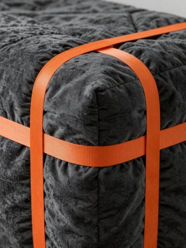 Close-up of heavy-duty quilted charcoal blankets tightly wrapped around a premium furniture edge, secured with high-visibility amber tension straps in sharp daylight.