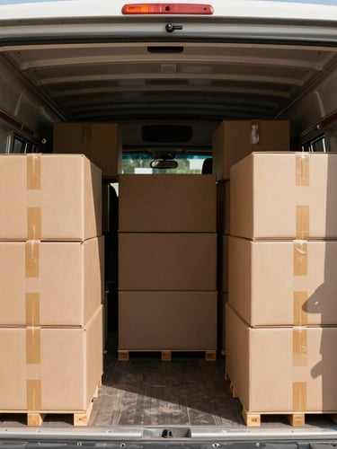 A wide-angle shot of a clean, organized moving truck interior, double-walled boxes stacked systematically with heavy-duty straps, sharp daylight filtering in.