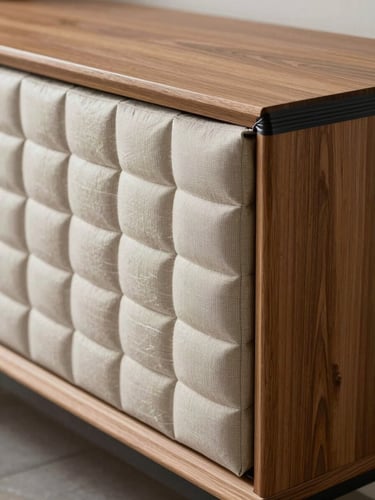Close-up of high-density quilted protective padding wrapped tightly around a premium wood credenza edge, secured with heavy-duty black tension tape, crisp industrial lighting.