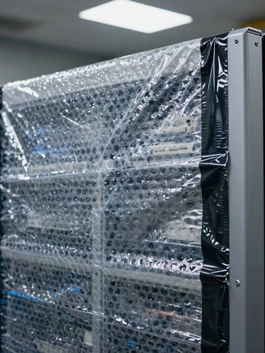 Close-up of industrial-grade anti-static bubble wrap tightly sealing a server rack unit, heavy-duty black tape securing the edges, sharp overhead utility lighting.