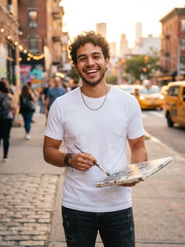 Bright editorial photography of a young Latino artist smiling in warm golden-hour light, wearing a clean white LGQR branded t-shirt, outdoor urban background
