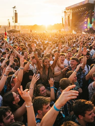 Bright outdoor festival crowd at golden hour, hands raised in joy, warm sunlight streaming through, energetic lifestyle photography.