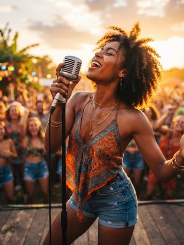 Dynamic low-angle performance shot of a young artist singing under warm golden-hour sunlight, vibrant saturated colors, bright outdoor setting
