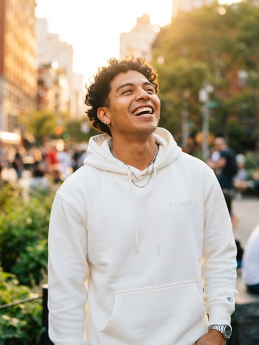 Bright editorial photography of a young smiling Latino man in a warm golden-hour setting, wearing a premium white LGQR streetwear hoodie, looking upward with joy, high-key natural daylight