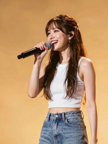 Energetic urban singer performing on a bright stage under warm golden spot lights, joyful expression, crisp medium format.
