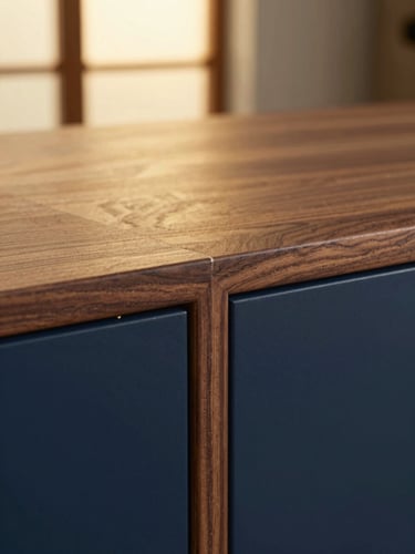Macro close-up of a master joiner hand-finishing a premium walnut cabinet joint, warm golden-hour side light, rich deep blue and gold tones, high-end woodwork, 35mm