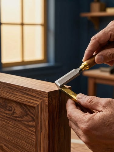 Close-up macro shot of a master carpenter hand-finishing a dark oak joint with brass chisels, warm side lighting, luxurious Dubai workshop environment