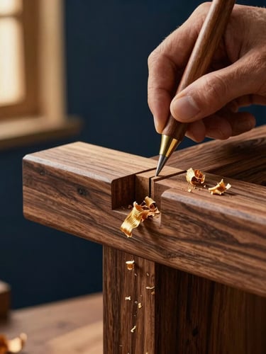 Macro close-up of a master carpenter hand-carving a mortise and tenon joint in premium dark walnut wood, dramatic side-lit studio lighting, gold wood shavings, 35mm