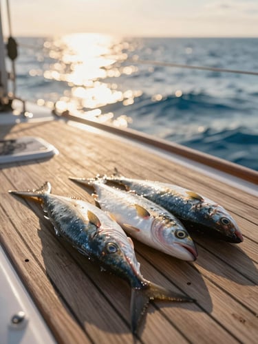 Close-up of fresh fish being prepared on the wooden deck of a sailboat, warm golden hour sunlight reflecting off the ocean, shallow depth of field