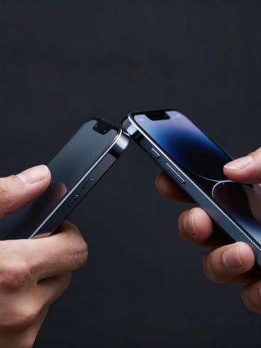 Macro close-up of two hands tapping sleek smartphones together for NFC sharing, sharp focus on the devices, cool-toned studio lighting, dark background.