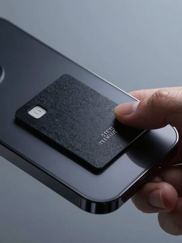 Sleek tech photography of a hand tapping a custom black NFC card against a smartphone, high-contrast studio lighting, cool-toned minimalist background, sharp macro focus, 35mm lens.