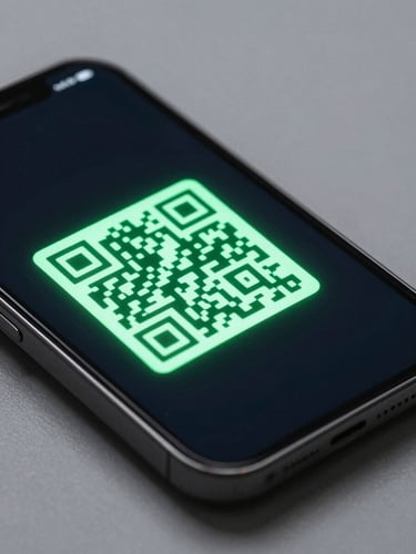 Sleek macro shot of a smartphone screen displaying a sharp, glowing QR code on a dark, cool-toned minimalist glass surface, electric green accent light, 35mm lens.