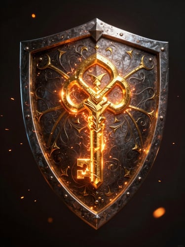A glowing medieval shield with golden engravings, dark metallic background with fiery orange sparks, dramatic key lighting, high-contrast 3D render, 8k