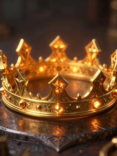 Close-up macro shot of a glowing medieval golden crown on a dark metallic surface, fiery orange backlight, cinematic 3d render