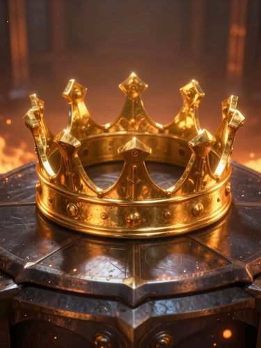 A majestic golden crown resting on a dark metallic armor plate, dramatic fiery orange key light, deep shadows, cinematic 3d render