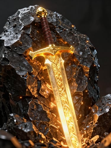 Dramatic close-up of a glowing golden medieval sword embedded in dark metallic obsidian stone, fiery orange backlights, high contrast cinematic 3d render, 8k