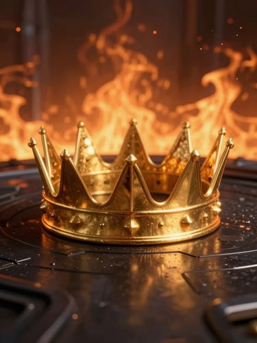 A majestic golden crown resting on a dark metallic surface, dramatic fiery orange backlight, cinematic high-contrast 3D render, 8k