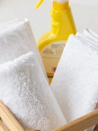Top-down detail shot of professional cleaning tools neatly arranged in a wooden caddy, crisp clean white microfiber cloths, yellow utility spray bottle, soft natural daylight, sharp focus