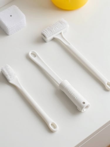 Top-down detail shot of neatly arranged professional cleaning tools on a clean white surface, bright high-key lighting, subtle yellow accent, crisp focus, 35mm