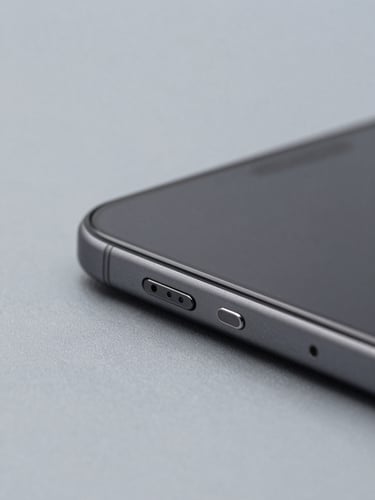 Crisp macro product photography of a smartphone side edge showing perfect bezel condition on a clean slate gray background, neutral studio lighting