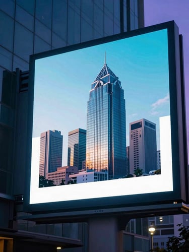 A massive high-contrast digital billboard on a sleek architectural mount in downtown Lahore at dusk, displaying a glowing high-fidelity corporate advertisement, sharp reflections on glass, cinematic moody lighting with cyan and purple hues.