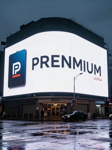 A massive, high-contrast digital advertising screen on a modern commercial building facade at dusk in Lahore, displaying a premium corporate brand, sharp reflections on wet asphalt below, cinematic lighting.