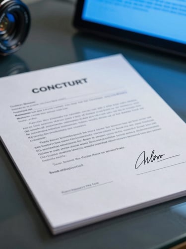 A close-up of a signed notarized contract on a dark glass desk, illuminated by the cold blue glow of a digital screen in the background, sharp focus, high-contrast lighting.