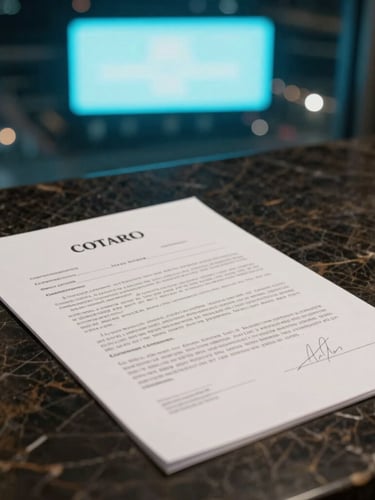 A close-up of a notarized physical asset contract resting on a dark marble desk, illuminated by the cool cyan glow of a digital billboard visible through a window at night.