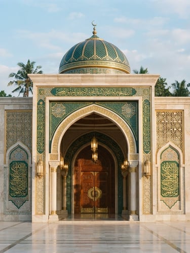Clean architectural shot of a modern mosque entrance in Banten, soft morning light illuminating green and gold details, 35mm photography