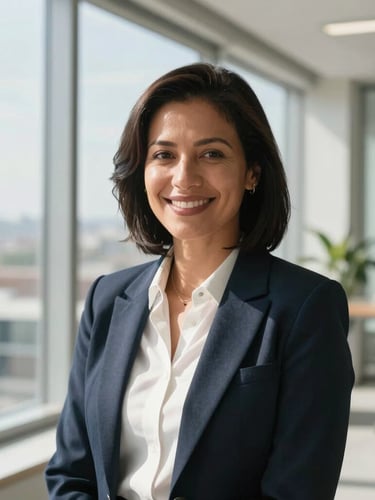 Medium-close portrait of a professional woman in a modern Gaborone office, bright natural daylight streaming from a large window, high contrast, smiling confidently with clean architectural lines of Block 7 visible in the soft-focus background.