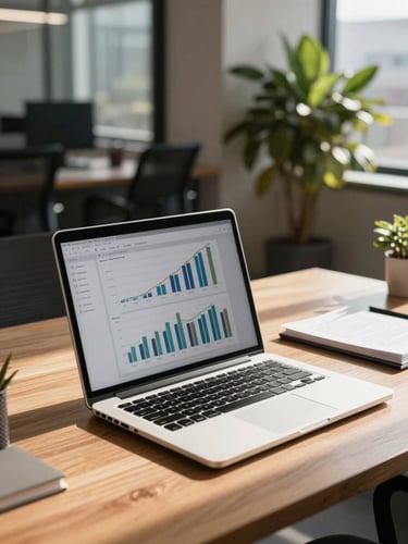High-contrast, medium-close shot of a professional workspace in Gaborone, a modern laptop open on a clean wooden desk showing charts, with a blurred background of a sunlit corporate office and green plants.