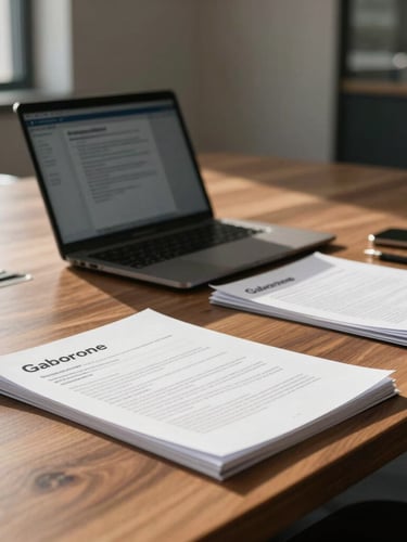 Medium-close shot of a modern, sunlit corporate boardroom in Gaborone, professional documents and a laptop on a wooden table, high contrast natural light.