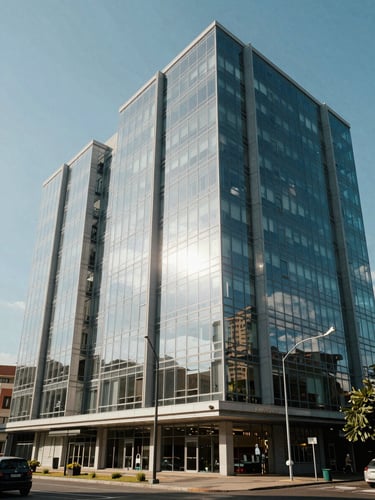 Wide angle, bright natural daylight, modern commercial architecture in Gaborone, clean glass facades with sharp geometric shadows, negative space on the left
