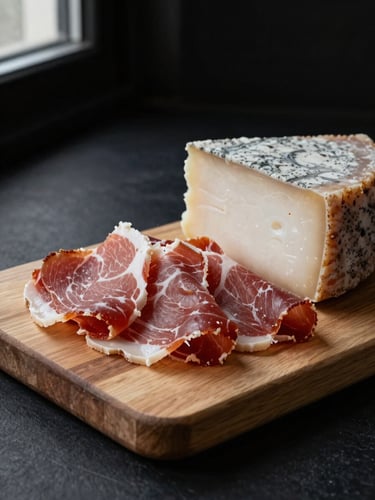 Moody close-up of sliced Corsican coppa and sheep cheese on a raw light-oak wood board, dark matte black background, high-contrast side window lighting
