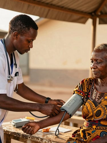 A Ghanaian medical student gently checking the blood pressure of an elderly woman under a canopy, warm golden-hour sunlight, authentic connection.