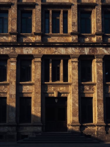 Symmetrical architectural detail of the Lahore High Court facade, dramatic low-key side-lighting, deep navy shadows and warm golden stone textures, captured with a 50mm lens.