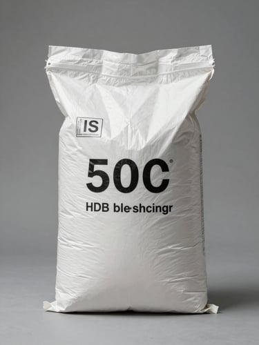 Front-facing studio shot of a sealed 50kg white HDPE bleaching powder bag standing upright on a neutral grey surface, IS certification mark and batch label clearly visible on the bag face, even diffuse studio lighting, no shadows, product fills the frame