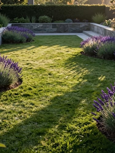 Wide environmental shot of a minimalist luxury garden, crisp morning light casting long dramatic shadows on a perfectly manicured lawn and structured stone-and-plant interfaces, rich green tones with deep purple lavender accents, wide-angle architectural lens