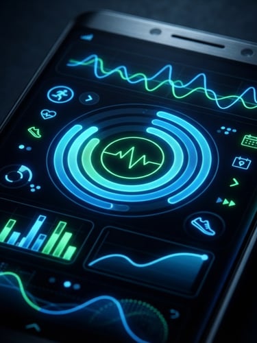 Macro close-up of a high-fidelity Android device mockup displaying a dark-themed fitness dashboard, vibrant electric blue accents, studio lighting, deep shadows